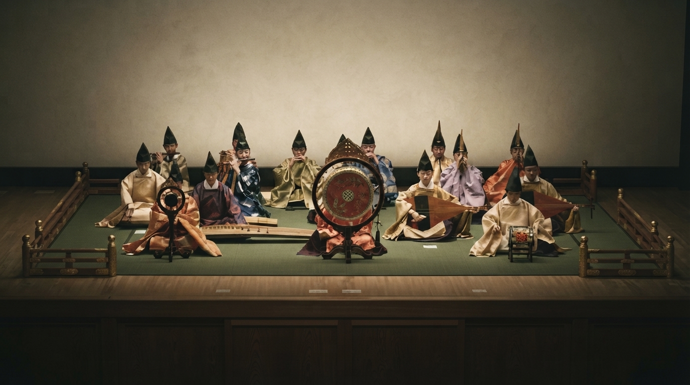Editorial illustration for Gagaku: Japan's Ancient Court Music, From Silk Road Influences to Living Heritage