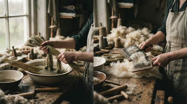 Editorial illustration for Why Flax Needs Rotting and Wool Needs Combing: The Two Paths of Natural Fiber Preparation